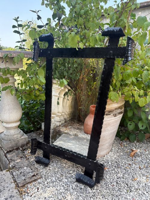 A FRENCH 1920S HAND FORGED WROUGHT IRON MIRROR WITH SCROLL ENDS 75CM - ADDITIONAL PHOTO 3