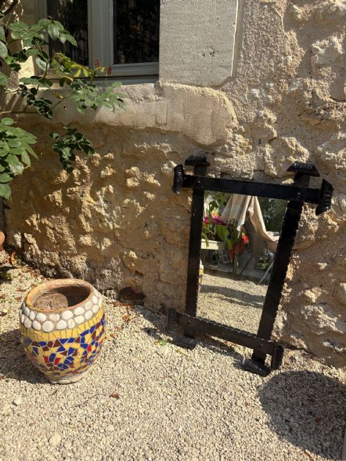 A FRENCH 1920S HAND FORGED WROUGHT IRON MIRROR WITH SCROLL ENDS 75CM - ADDITIONAL PHOTO 4
