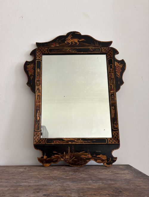 a 1920s black lacquer chinoiserie fret cut wall mirror 72cm tall - CATEGORY: ANTIQUE MIRRORS - DATED 1920