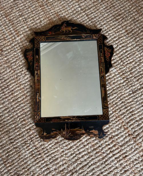 A 1920S BLACK LACQUER CHINOISERIE FRET CUT WALL MIRROR 72CM TALL - ADDITIONAL PHOTO 7