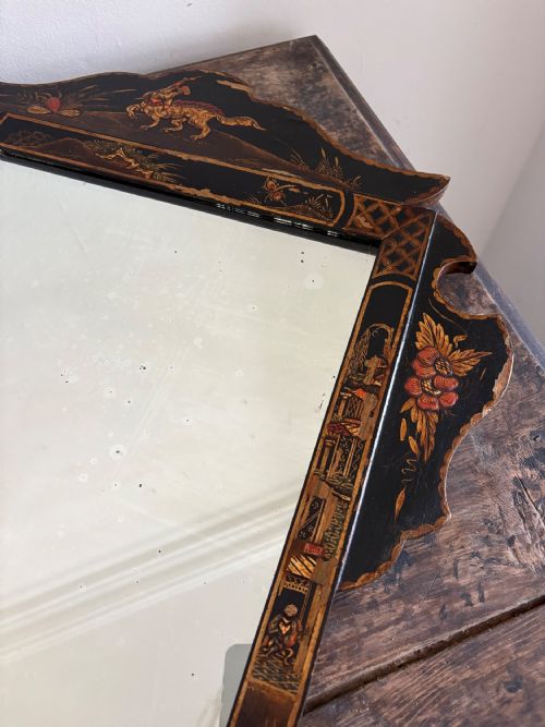 A 1920S BLACK LACQUER CHINOISERIE FRET CUT WALL MIRROR 72CM TALL - ADDITIONAL PHOTO 4