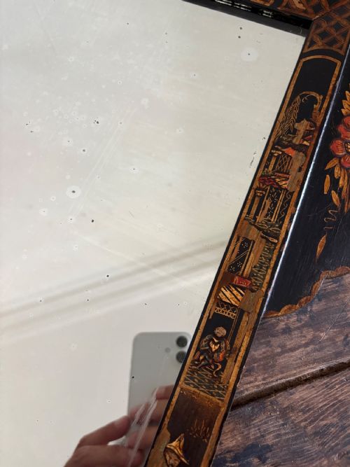 A 1920S BLACK LACQUER CHINOISERIE FRET CUT WALL MIRROR 72CM TALL - ADDITIONAL PHOTO 5