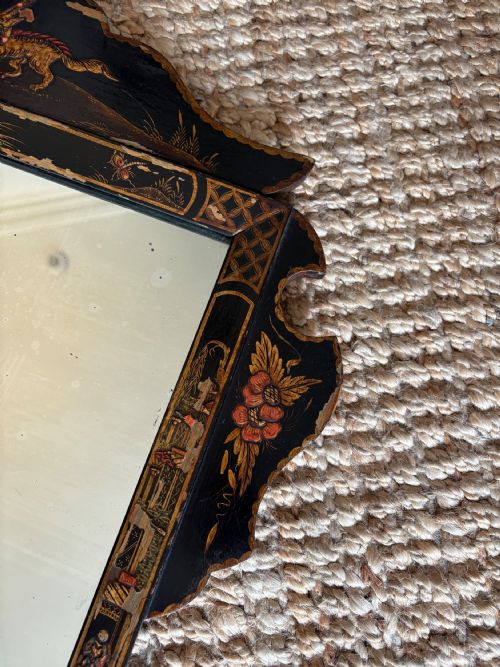 A 1920S BLACK LACQUER CHINOISERIE FRET CUT WALL MIRROR 72CM TALL - ADDITIONAL PHOTO 10