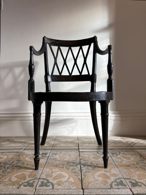 EBONISED AND GILT PAINTED REGENCY OPEN ARM ELBOW CHAIR CANE SEAT C1820 MANNER JOHN GEE - ADDITIONAL PHOTO 8