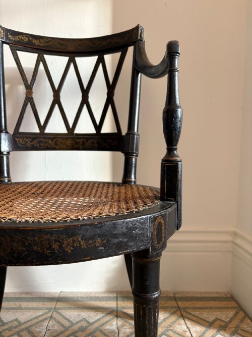 EBONISED AND GILT PAINTED REGENCY OPEN ARM ELBOW CHAIR CANE SEAT C1820 MANNER JOHN GEE - ADDITIONAL PHOTO 2