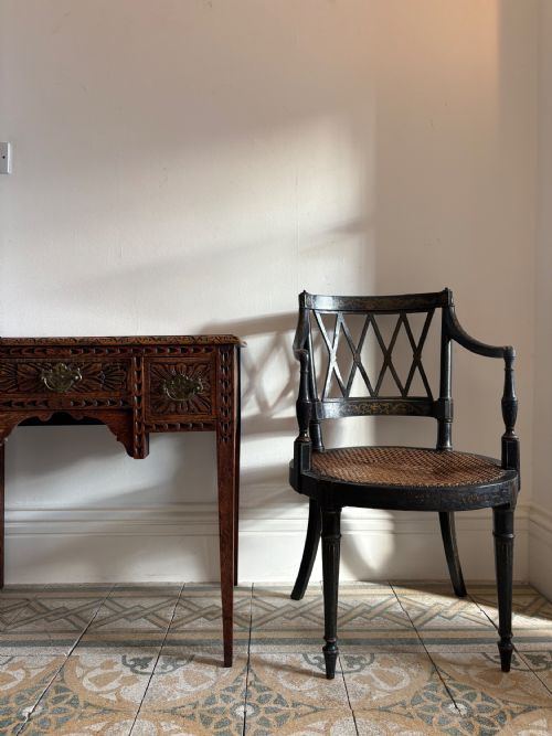 EBONISED AND GILT PAINTED REGENCY OPEN ARM ELBOW CHAIR CANE SEAT C1820 MANNER JOHN GEE - ADDITIONAL PHOTO 3
