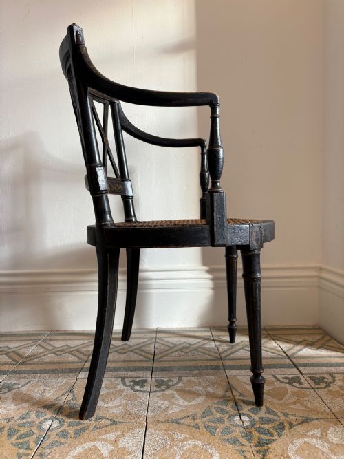 EBONISED AND GILT PAINTED REGENCY OPEN ARM ELBOW CHAIR CANE SEAT C1820 MANNER JOHN GEE - ADDITIONAL PHOTO 4