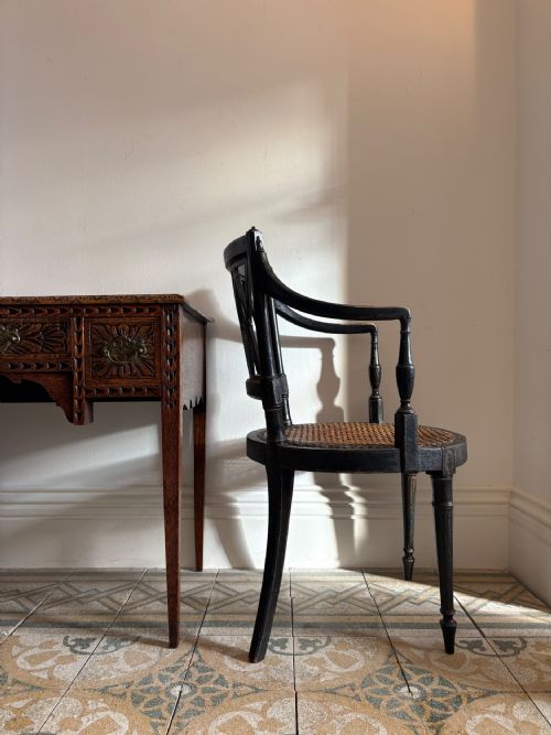 EBONISED AND GILT PAINTED REGENCY OPEN ARM ELBOW CHAIR CANE SEAT C1820 MANNER JOHN GEE - ADDITIONAL PHOTO 5
