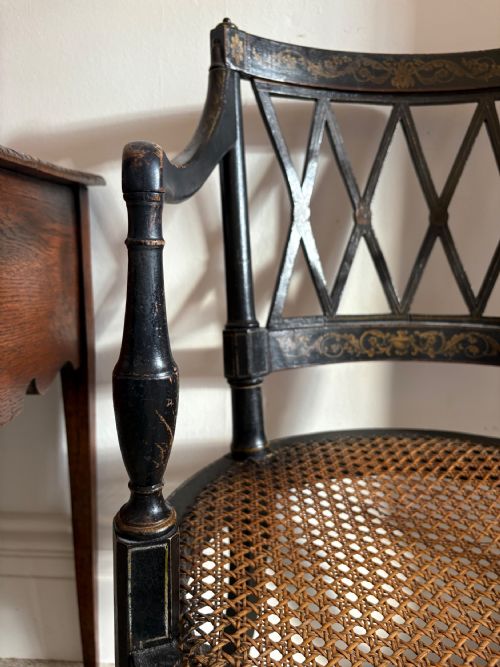 EBONISED AND GILT PAINTED REGENCY OPEN ARM ELBOW CHAIR CANE SEAT C1820 MANNER JOHN GEE - ADDITIONAL PHOTO 6