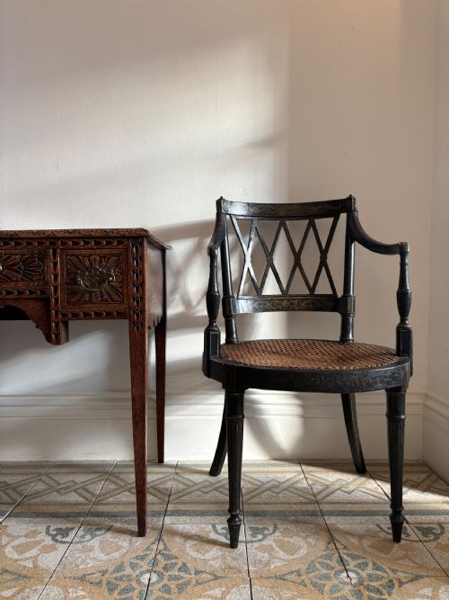 EBONISED AND GILT PAINTED REGENCY OPEN ARM ELBOW CHAIR CANE SEAT C1820 MANNER JOHN GEE - ADDITIONAL PHOTO 7