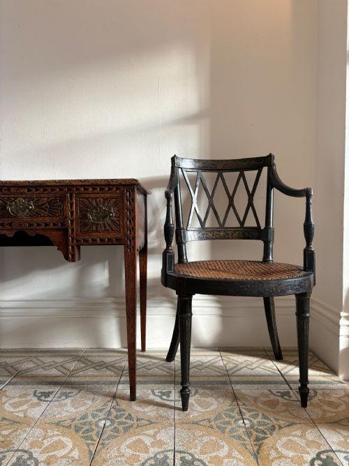 EBONISED AND GILT PAINTED REGENCY OPEN ARM ELBOW CHAIR CANE SEAT C1820 MANNER JOHN GEE - ADDITIONAL PHOTO 9