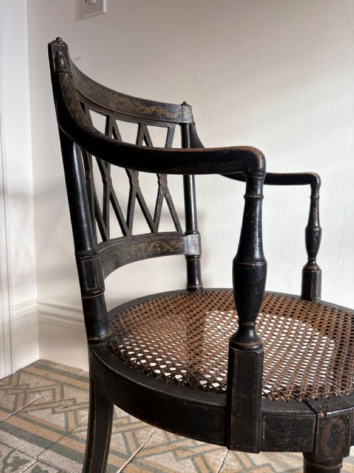 EBONISED AND GILT PAINTED REGENCY OPEN ARM ELBOW CHAIR CANE SEAT C1820 MANNER JOHN GEE - ADDITIONAL PHOTO 14