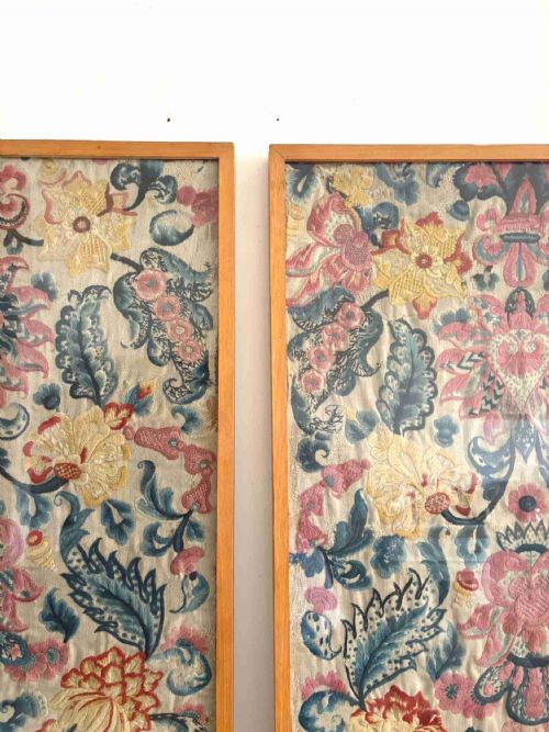 A PAIR OF FRENCH 19TH CENTURY HAND EMBROIDERED CREWEL WORK FRAMED PANELS 182CM - ADDITIONAL PHOTO 1