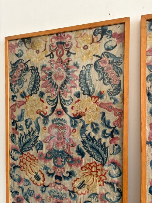 A PAIR OF FRENCH 19TH CENTURY HAND EMBROIDERED CREWEL WORK FRAMED PANELS 182CM - ADDITIONAL PHOTO 3