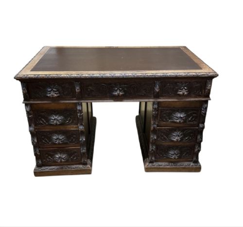A 19TH CENTURY CARVED OAK FLEMISH STYLE GREEN MAN PARTNERS DESK 122CM C1880 - ADDITIONAL PHOTO 10