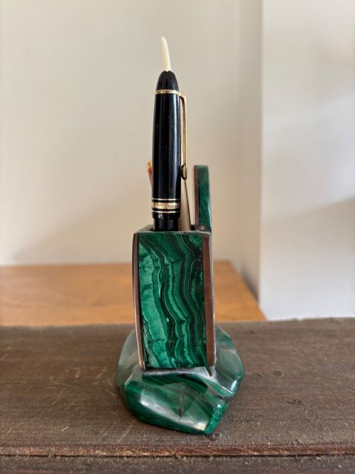 ANTIQUE MALACHITE AND BRONZE PEN DESK TIDY CIRCA 19201930S 13CM TALL - ADDITIONAL PHOTO 2