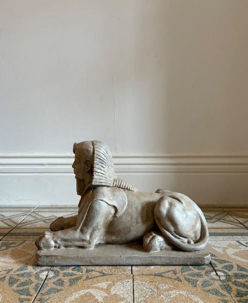 egyptian revival early 20th century solid plaster sphinx statue 48cm - CATEGORY: ANTIQUE SCULPTURES - DATED 1930