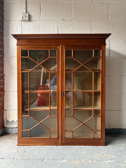 WALL MOUNTED ASTRAL GLAZE MAHOGANY BOOKCASE CABINET LINEN LINED 100CM WIDE C1900 - ADDITIONAL PHOTO 8