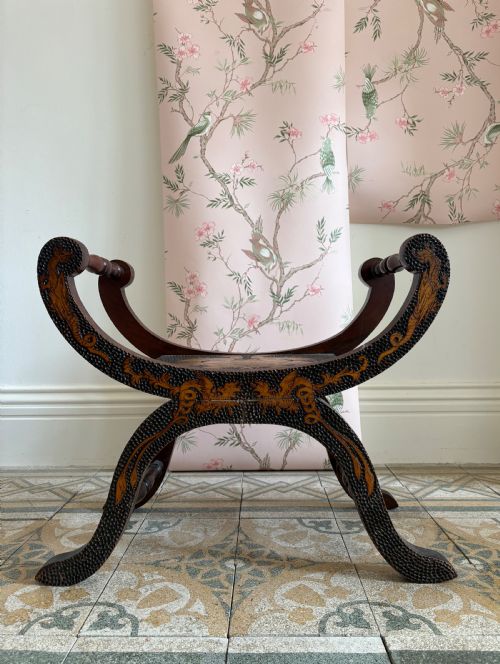 early 20thc poker work x frame stool poss retailed by liberty 67cm - CATEGORY: ANTIQUE STOOLS - DATED 1920
