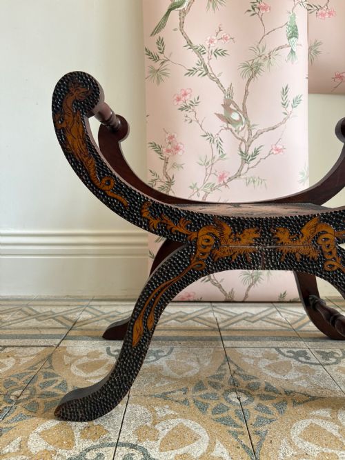EARLY 20THC POKER WORK X FRAME STOOL POSS RETAILED BY LIBERTY 67CM - ADDITIONAL PHOTO 2
