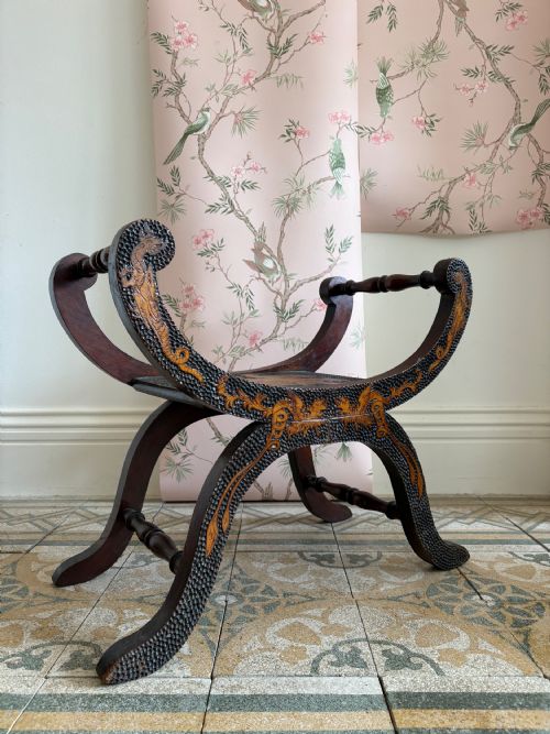 EARLY 20THC POKER WORK X FRAME STOOL POSS RETAILED BY LIBERTY 67CM - ADDITIONAL PHOTO 5