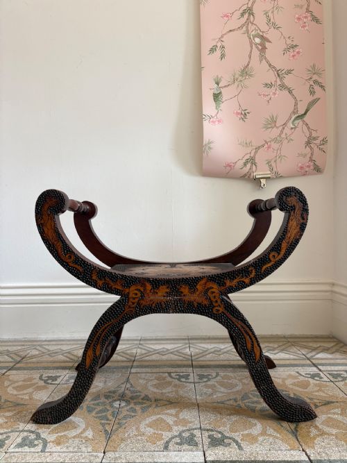 EARLY 20THC POKER WORK X FRAME STOOL POSS RETAILED BY LIBERTY 67CM - ADDITIONAL PHOTO 7