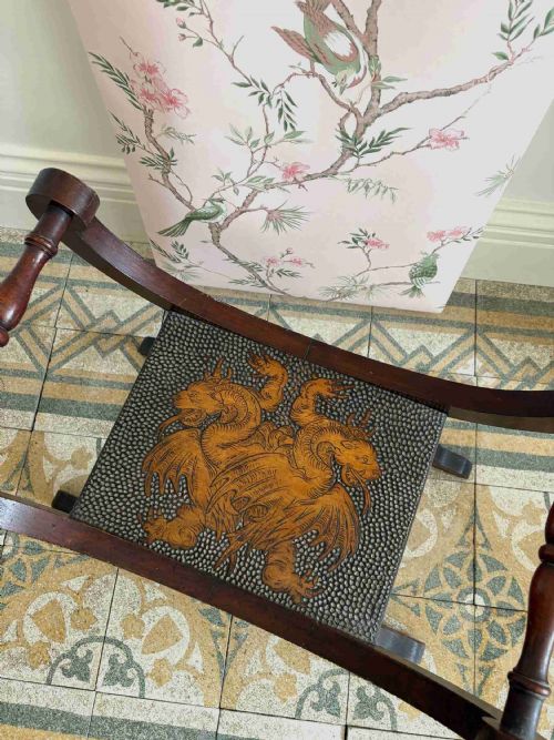 EARLY 20THC POKER WORK X FRAME STOOL POSS RETAILED BY LIBERTY 67CM - ADDITIONAL PHOTO 9