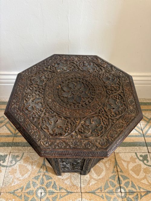 ANGLO INDIAN CARVED OCTAGONAL TABLE C1900 485CM TALL 46CM TOP INDIAN TEAK - ADDITIONAL PHOTO 7