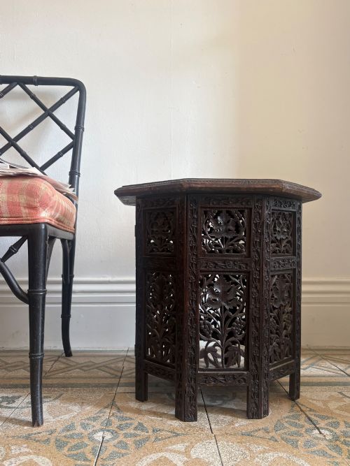 ANGLO INDIAN CARVED OCTAGONAL TABLE C1900 485CM TALL 46CM TOP INDIAN TEAK - ADDITIONAL PHOTO 13