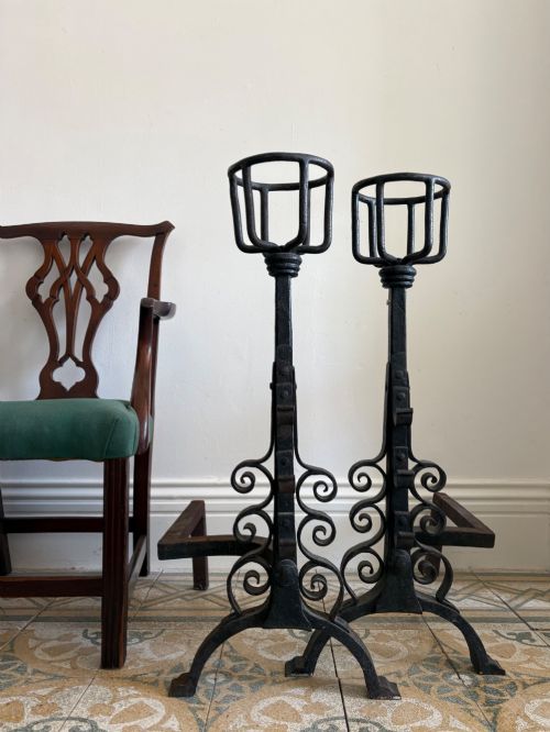A Monumental Pair of English Wrought Iron Fire Dogs, Andirons 82cm Tall C1900