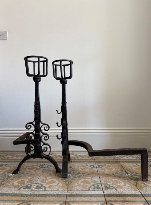 fig 1. A Monumental Pair of English Wrought Iron Fire Dogs, Andirons 82cm tall C1900