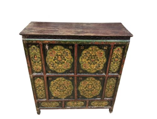 A 19TH CENTURY TIBET HAND PAINTED CABINET FLORAL DECORATION 103CM WIDE - ADDITIONAL PHOTO 2