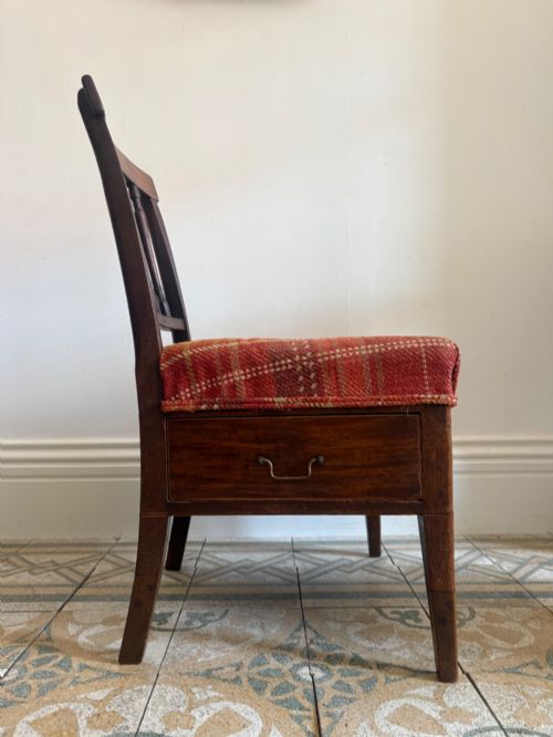 A REGENCY BEECH AND MAHOGANY UNUSUAL COUNTRY CHAIR WITH DRAWER C1800 UPHOLSTERED