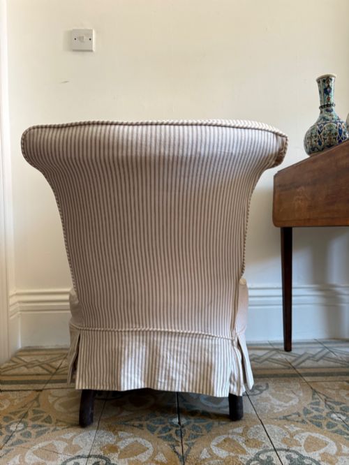 EDWARDIAN NURSING OR SLIPPER CHAIR WITH TAILORED TICKING STRIPE SLIPCOVER C1900 - ADDITIONAL PHOTO 3