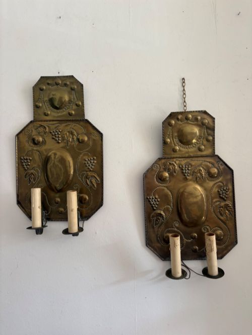 PAIR OF LATE 19TH CENTURY DUTCH REPOUSSE BRASS 2 BRANCH WALL SCONCE 53CM TALL