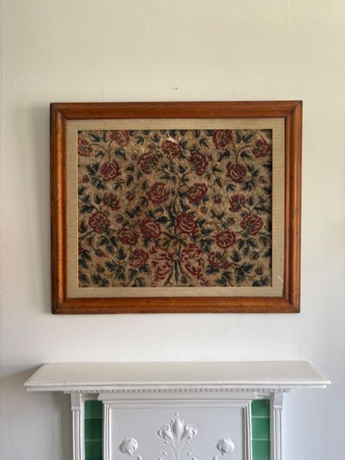 An Arts and Crafts Woven Jacquard Roses Tapestry, Walnut Frame C1895, 89cm