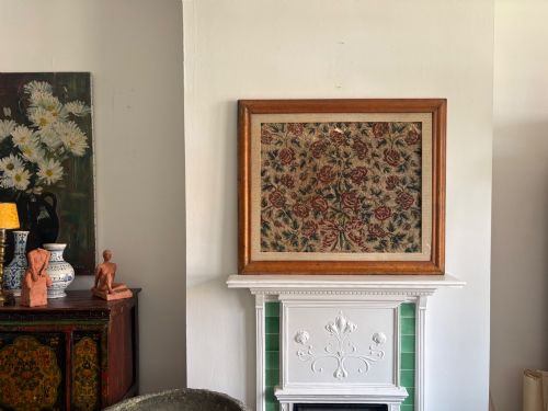 fig 1. An Arts and Crafts Woven Jacquard Roses Tapestry, Walnut Frame C1895, 89cm