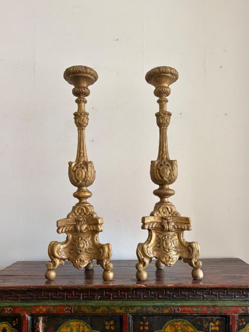 A Pair of Italian Baroque, 18th Century Giltwood Altar Candlesticks, 78cm Tall