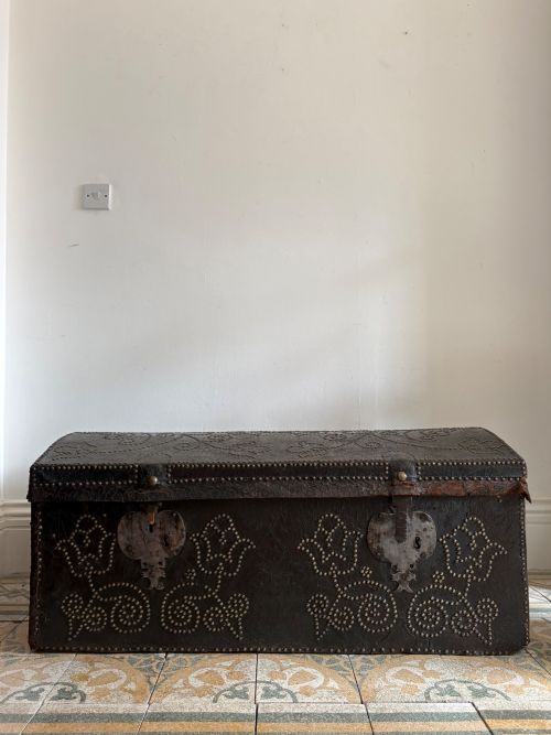 A Large 18th Century Dutch Leather Studded, Dome Top Trunk, 112cm Carry Handles