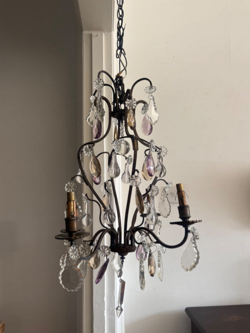 A French Gilt Bronze Chandelier, 4 Branch Rococo Style 66cm C1920s Crystal Drops