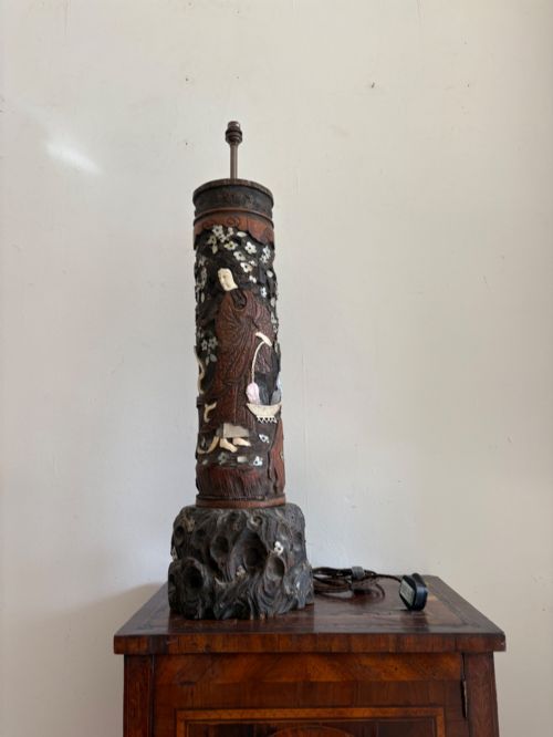 A 19thc Japanese Rare Carved Brush Pot Lamp, Meiji Period, Mother of Pearl 84cm