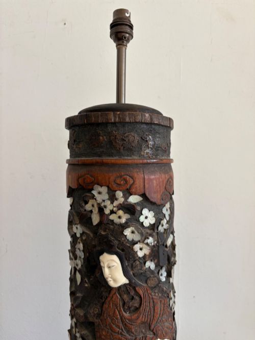 fig 2. A tall Japanese Meiji period carved wooden brush pot converted into a table lamp with mother-of-pearl details and a patterned pleated lampshade.