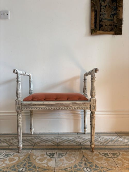 A White Painted Swedish, Gustavian Neoclassical Stool, Silk Seat C1900, 69cm