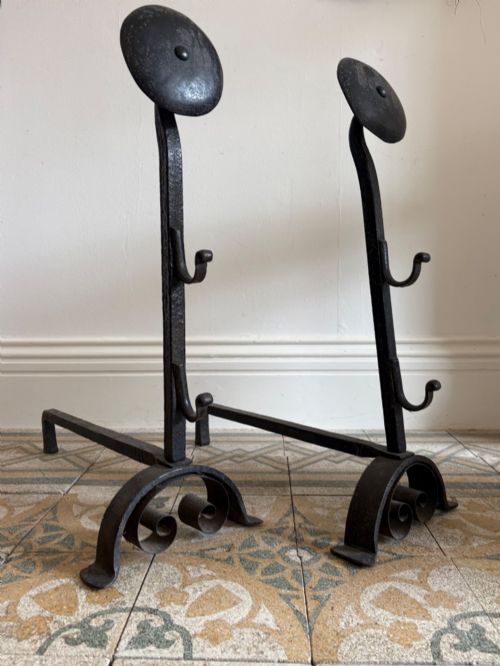 A Pair of Wrought Iron Arts and Crafts Style Fire Dogs, Andirons 74cm Tall C1900