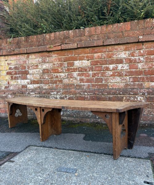 Arts and Crafts 175cm Curved Gothic Pugin Style Oak Bench with Trefoil Carved Supports
