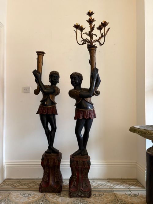 A Pair of Life Size Venetian Carved Wood Blackamoor Statue Floor Lamps 210cm