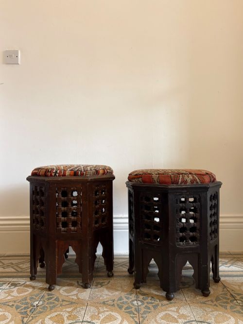 A Pair of Moorish Octagonal Stools C1900, with Kilim Seats Covers