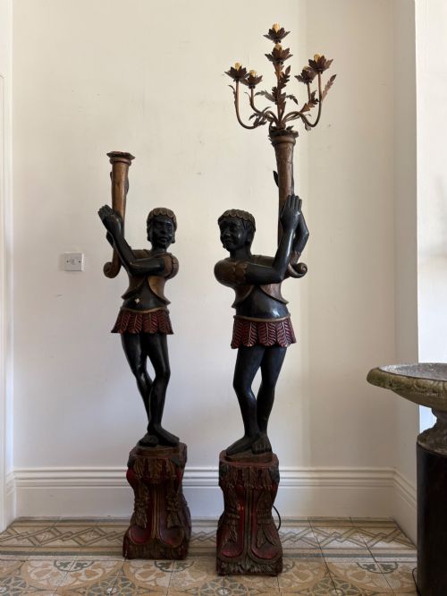 A Pair of Life Size Venetian Carved Wood Blackamoor Statue Floor Lamps 210cm