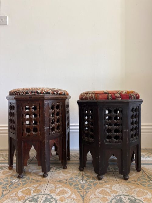 A Pair of Moorish Octagonal Stools C1900, with Kilim Seats Covers