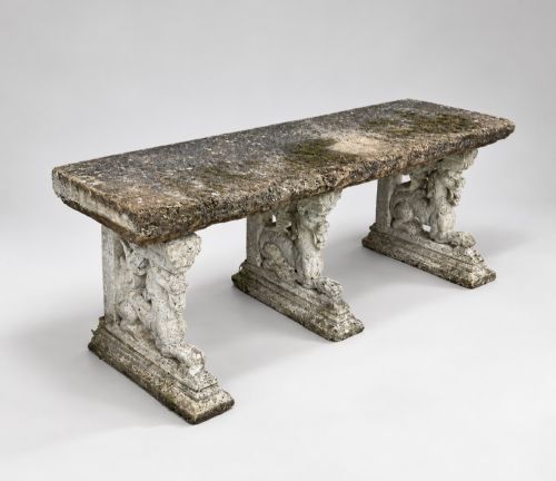 A Weathered York Stone Renaissance Style Bench, 3 Cast Stone Griffin Bases 135cm